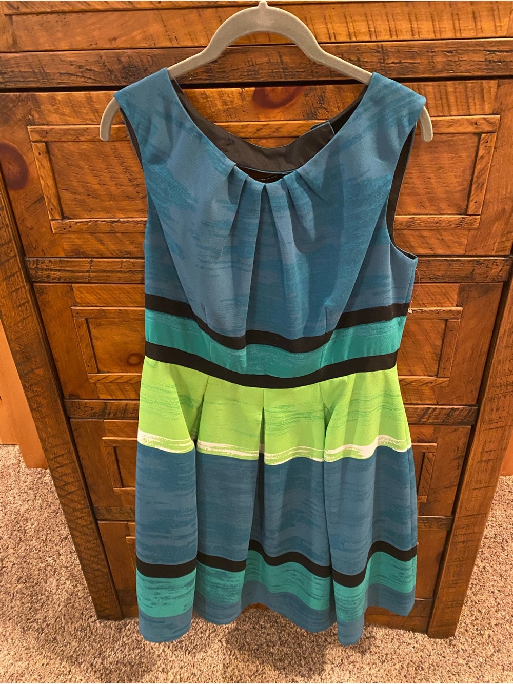 Blue and green striped sleeveless lined dress